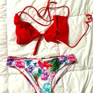 Two Piece Bikini Size Medium Cupshe Tropical Print Bottom Solid Ruffle Top